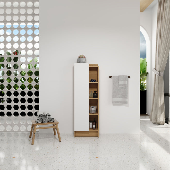 Tall Freestanding Bathroom Side Cabinet With Single Door & 4 Tier Open Shelves - Black / Light Oak / White Home Essentials