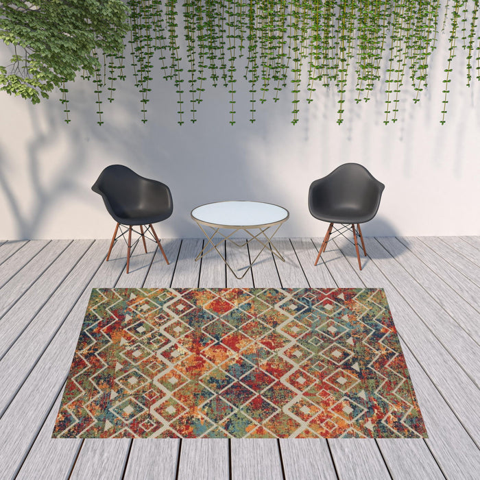 8' X 10' Geometric Non Skid Indoor / Outdoor Area Rug - Red / Ivory