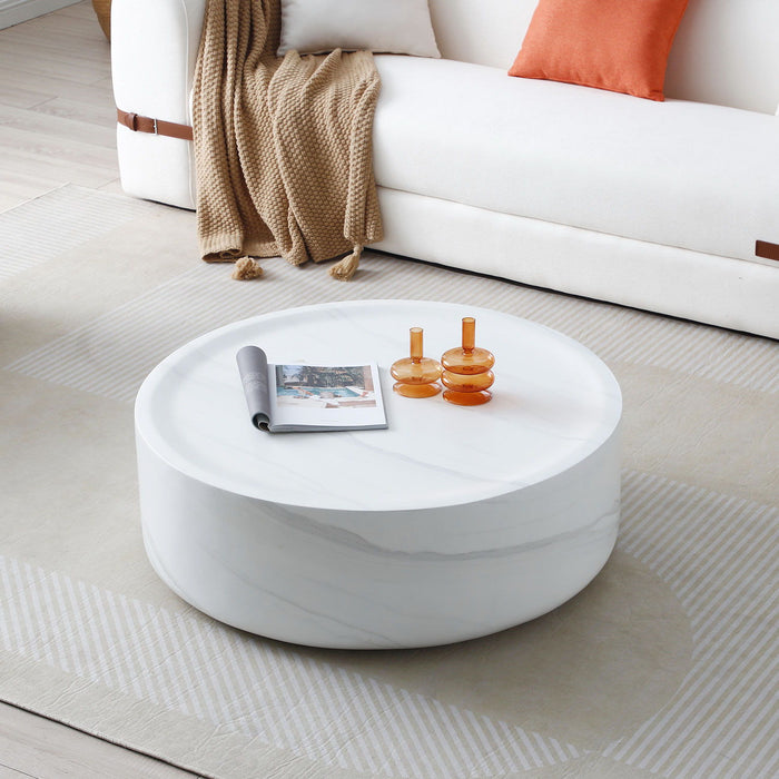 39.37'' White Marble Round Coffee Table Sturdy Fiberglass Table For Living Room, No Need Assembly.