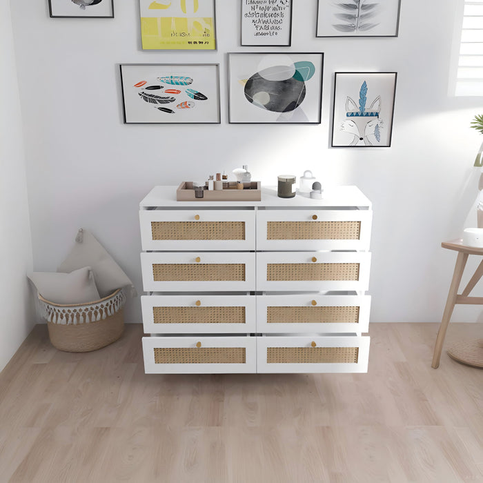 8 Drawers Chest Of Drawers With Rattan Drawer Face Golden Legs And Handles - White Home Essentials