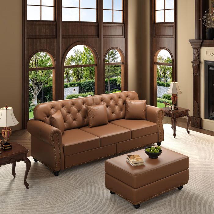 Upholstered Sofa With Nailhead Trim, Rolled Armrests With Ottoman Home Essentials