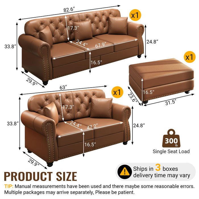Upholstered Sofa With Nailhead Trim, Rolled Armrests With Ottoman Home Essentials