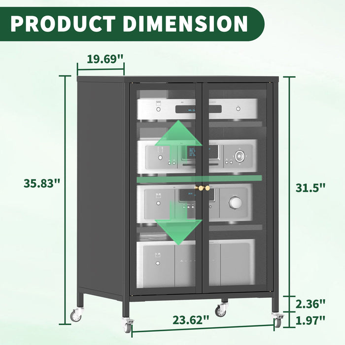 Media Storage Cabinet With Wheels, 4 Adjustable Glass Shelves & Door, Heavy-Duty - Black Home Essentials