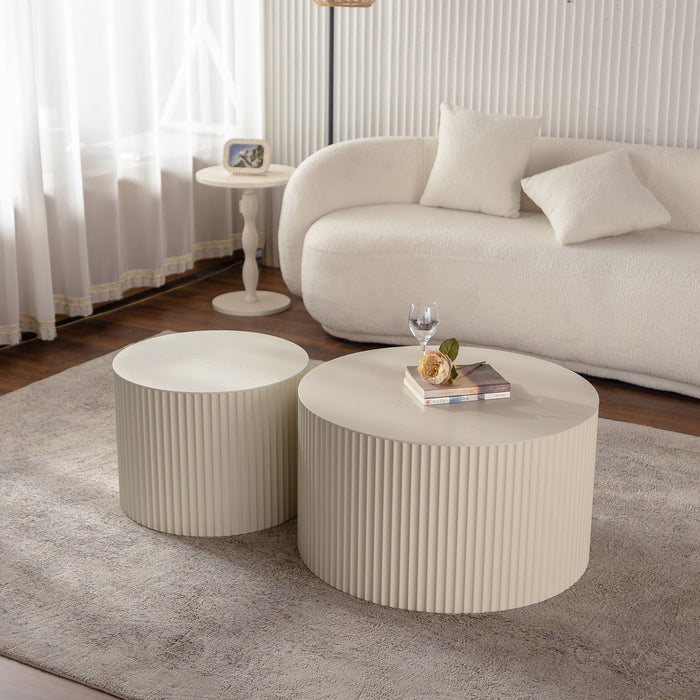 Drum Nesting Coffee Table With Wave Stripe Design For Living Room (Set of 2) - Beige / White Home Essentials