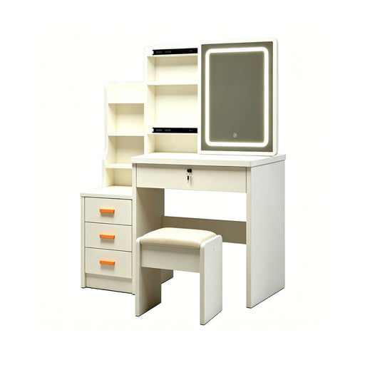 Vanity Set With LED Mirror, Storage Dressing Table & Cushioned Stool - Cream White Home Essentials
