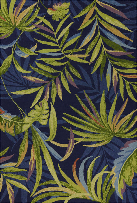 8' X 10' Hand Hooked UV Treated Oversized Tropical Leaves Indoor / Outdoor Area Rug - Ink Blue