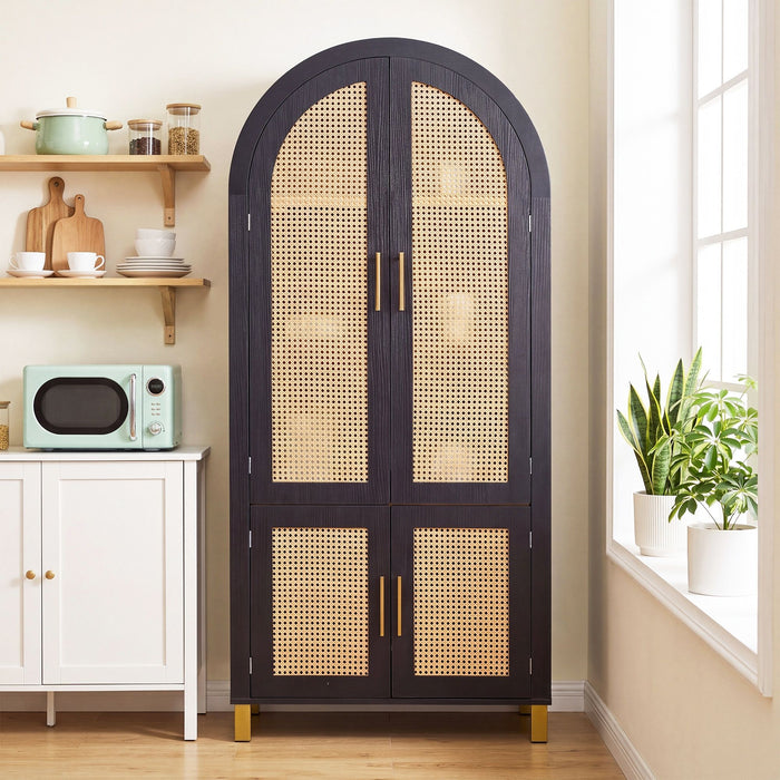 Tall Arched Cabinet With Rattan Doors & Adjustable Shelves Home Essentials