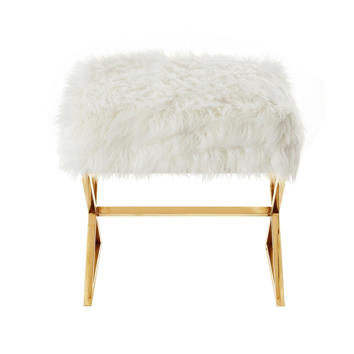 Faux Fur Ottoman - White / Brass