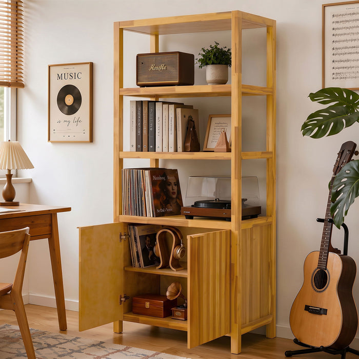 Tall Storage Bookcase Cabinet With 2 Open Shelves & Double Doors, Freestanding Shelving Unit - Natural Noble House