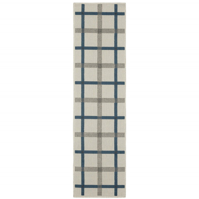 2' X 7' Geometric Stain Resistant Outdoor & Indoor Area Rug - Blue / Beige