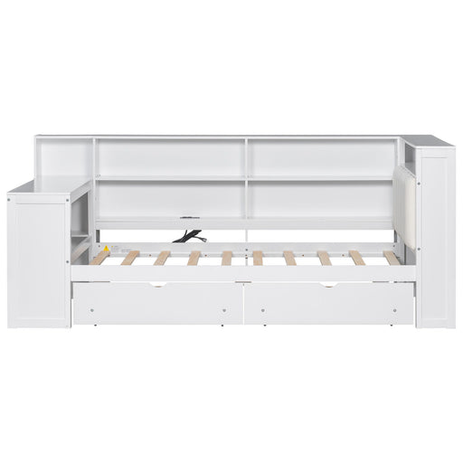 Platform Bed With Upholstered Headboard, Storage Shelves, Drawers, Charging Station, LED Lighting, Built In Desk Hearth and Haven