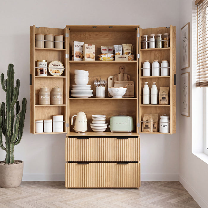 Fluted Kitchen Pantry Cabinet With 2 Large Drawers & 8 Door Spice Rack Freestanding Storage Organizer - Oak Home Essentials
