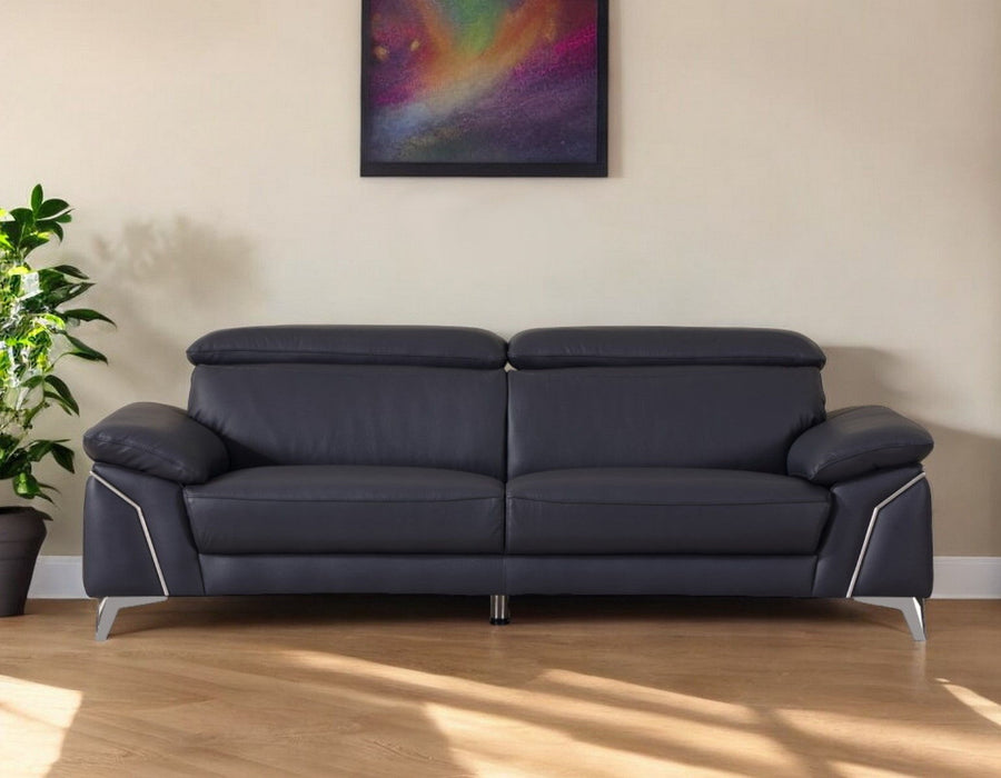 Italian Leather Sofa With Silver Legs - Blue