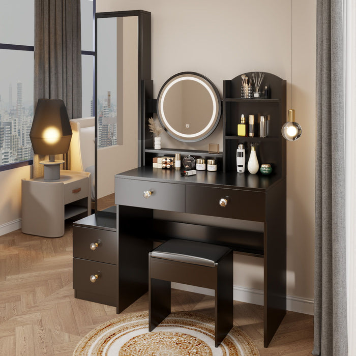 Full Body Mirror Cabinet / Round Mirror LED Vanity Table / Cushioned Stool, 17" Diameter LED Mirror, Touch Control, 3 Color, Brightness Adjustable, Multi - Layer High Capacity Storage