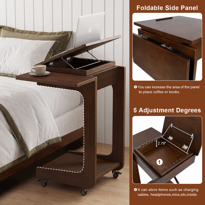 C - Shaped End Table, Rolling With 360° Adjustable & Foldable Desktop, Couch Table With Laptop Stand For Living Room - Walnut Home Essentials