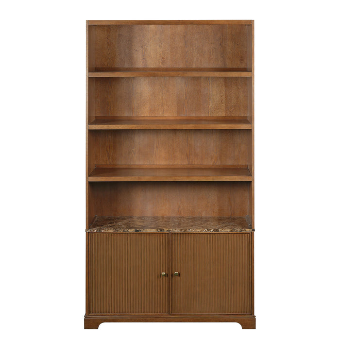 Tall Bookcase Storage Cabinet With 3 Open Shelves & Fluted Double Doors Noble House