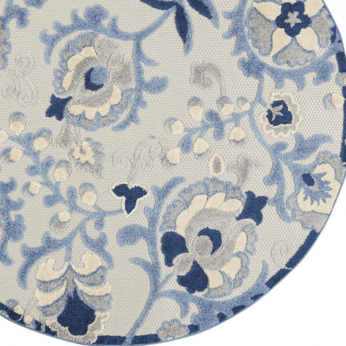 5' Round Round Floral Outdoor & Indoor Area Rug - Blue / Gray