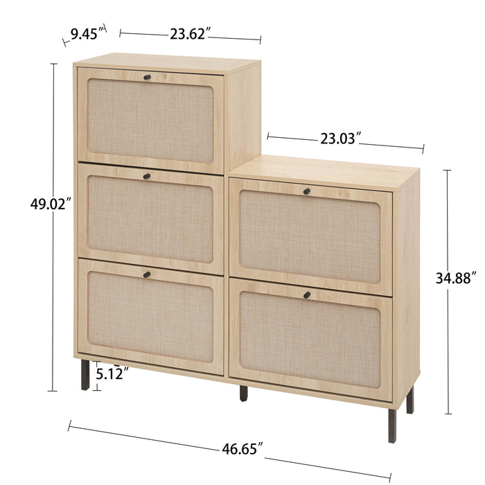Modern Rattan 5 Door Shoe Storage Cabinet For Entryway Freestanding Design - Natural