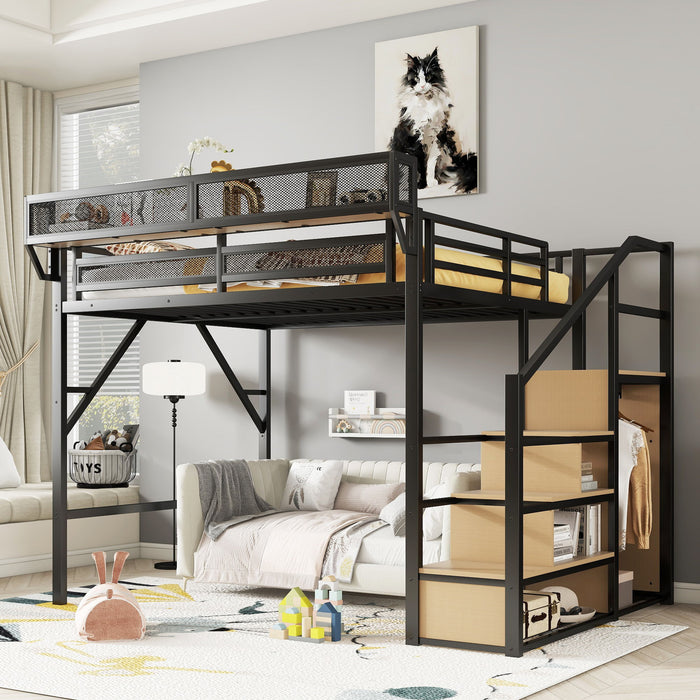 Queen Size Loft Bed & Stairs, Storage Shelves, Wardrobe - Black / Wood Home Essentials