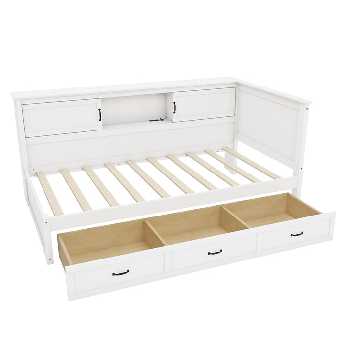 Twin Size L - Shaped Captain Bed With Drawer And Bookcase, LED Downlight And USB Charging Station - White Hearth and Haven