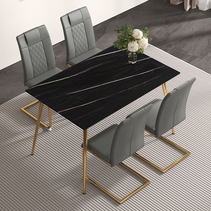 Table And Chair Set, 1 Table With 4 Gray PU Chairs Modern Minimalist Rectangular Black Imitation Marble Dining Table, With Golden Metal Legs, Paired With 4 Chairs With Golden Legs