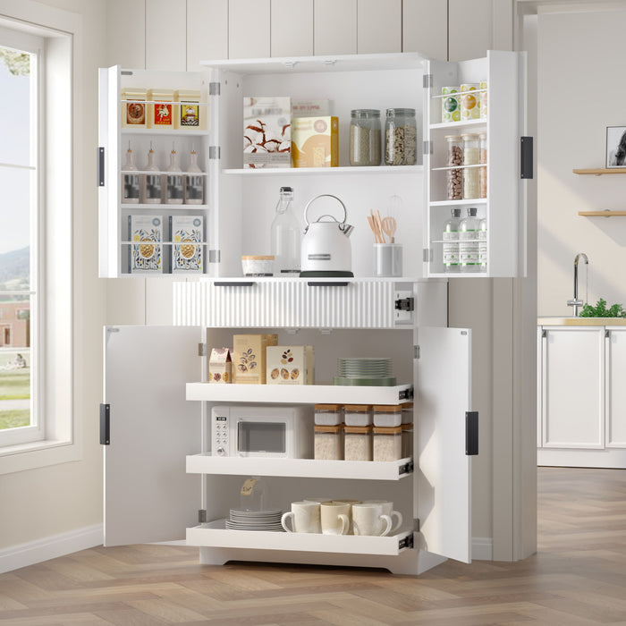 Fluted Kitchen Pantry Cabinet With 3 Keyboard Drawers & 6 Adjustable Door Shelves Home Essentials