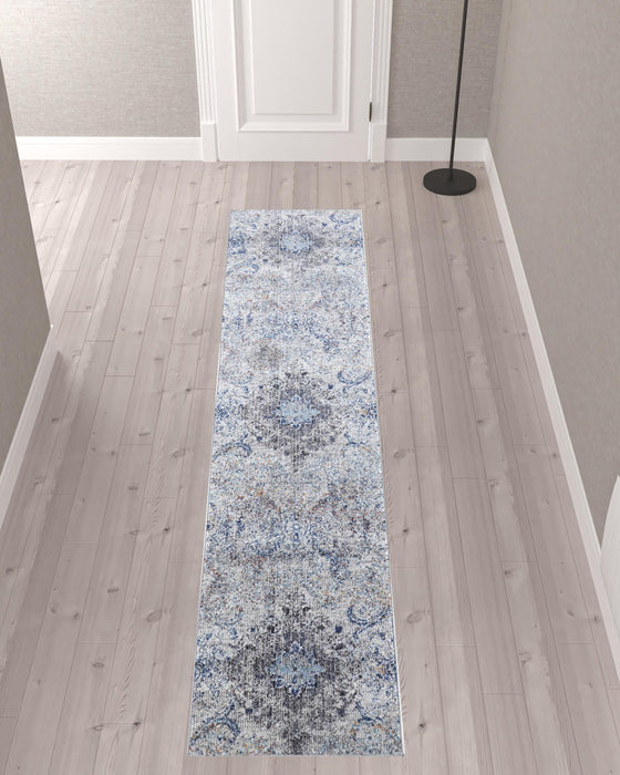 Floral Power Loom Distressed Stain Resistant Runner Rug - Ivory Taupe And Blue - 10'