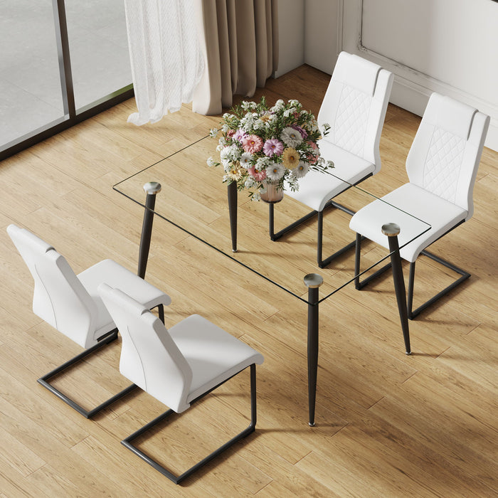 Table And Chair Set, 1 Table And 4 Chairs Glass Dining Table, 0.31" Tempered Glass Tabletop And Black Metal Legs, White Black Leg Dining Chair Without Armrests F - 1544 C - 001