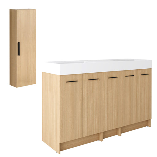 Double Sink Bathroom Vanity Set With Tall Linen Cabinet, Extra Large Storage, Integrated Sink, Freestanding Cabinet - Light Oak / White Home Essentials