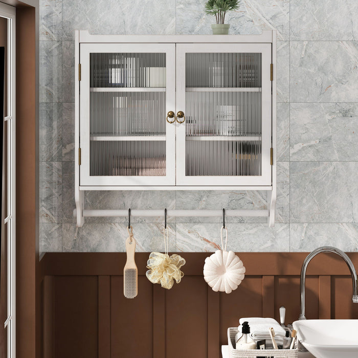 Vintage Double Door Wall Cabinet With Three Tiers Storage And Towel Rack - White Washed Home Essentials
