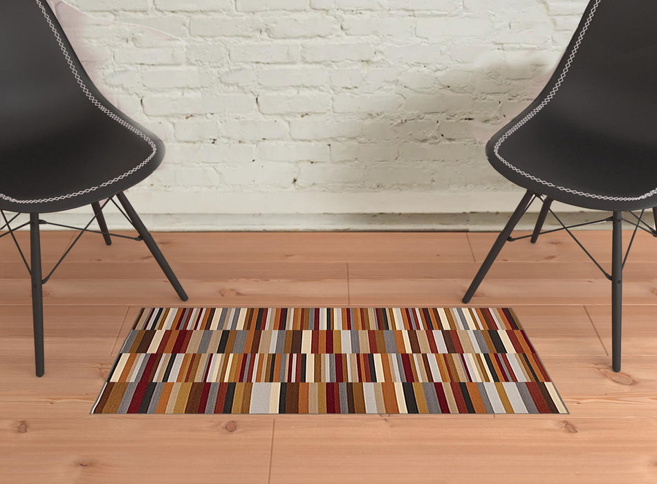 2' X 3' Striped Stain Resistant Non Skid Indoor / Outdoor Area Rug - Taupe