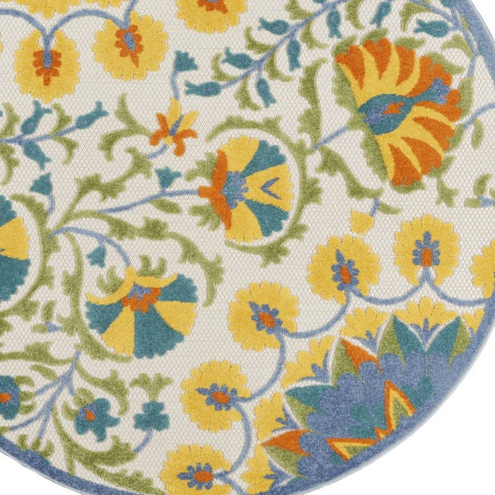 4' Round Round Floral Area Rug Outdoor / Indoor - Blue / Ivory