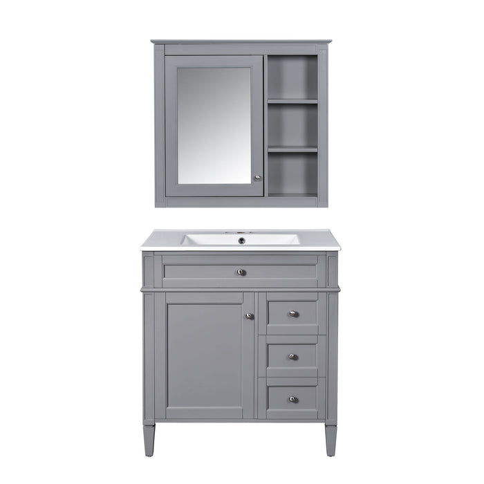 Bathroom Vanity With Top Sink, Freestanding Storage Cabinet With 2 Doors And 3 Drawers, Mirror Cabinet Included - Gray