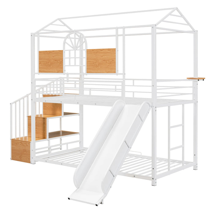 Metal Bunk Bed, Metal Housebed With Slide And Storage Stair