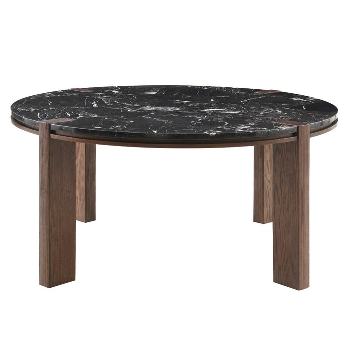 Estella - Round Dining Table With Natural Marble Top - Black Top & Walnut ACME