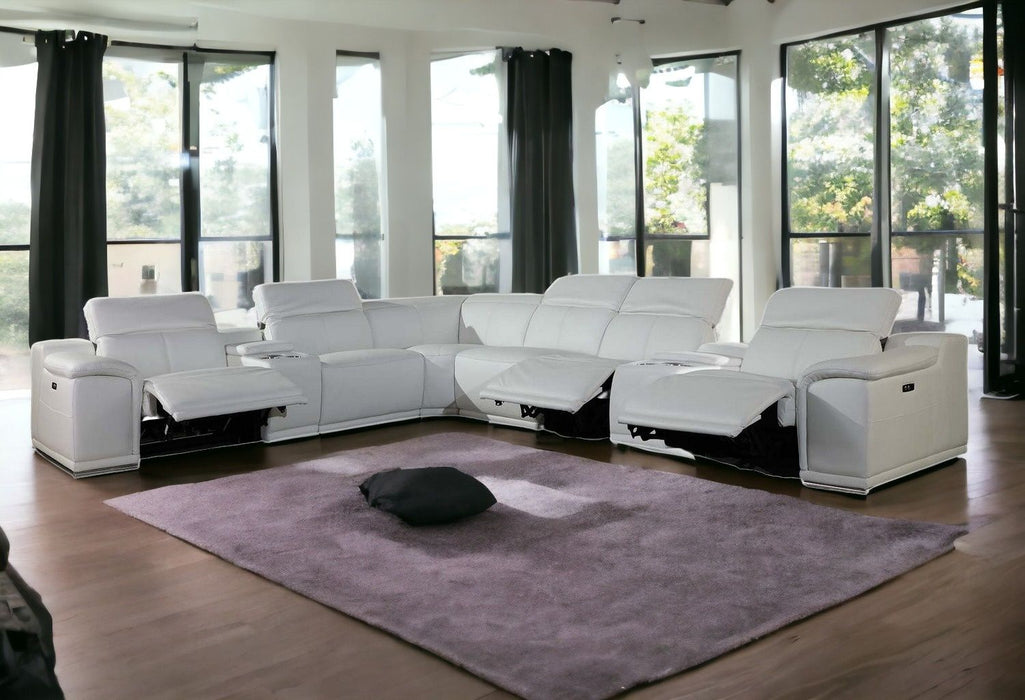 Italian Leather Power Reclining U Shaped Eight Piece Corner Sectional With Console - White