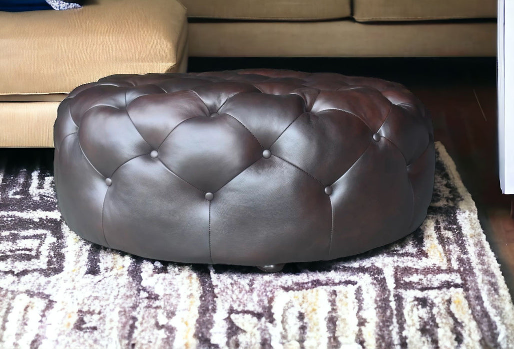 Genuine Leather And Dark Brown Tufted Round Ottoman - Brown