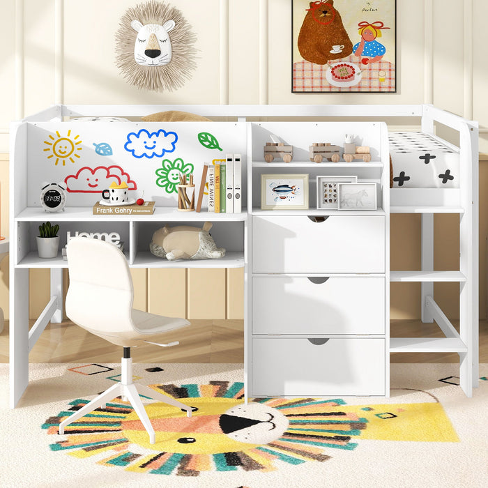 Low Loft Bed With Built In Desk, Storage Cabinets, Open Bookcase And Doodle Blackboard