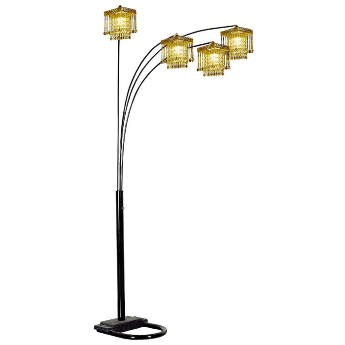 Four Light Arc Floor Lamp With Clear Crystal Glass Chandelier Shade - Black