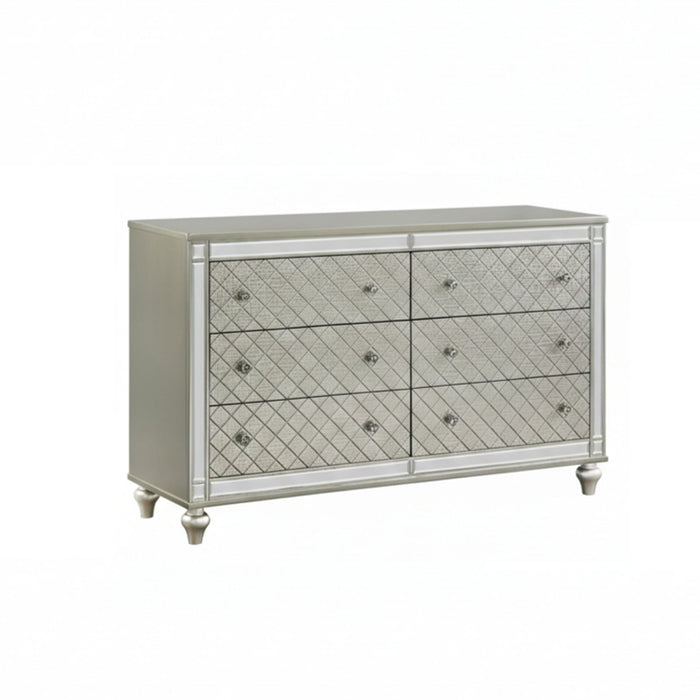 6 Drawer Bedroom Dresser With Diamond Patterned Drawer Fronts - Silver Home Essentials