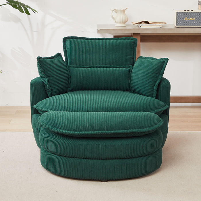 38" W Oversized Swivel Chair With Moon Storage Ottoman For Living Room, Modern Accent Round Loveseat Circle Swivel Barrel Chairs For Bedroom Cuddle Sofa Chair Lounger Armchair, 4 Pillows, Corduroy - Green