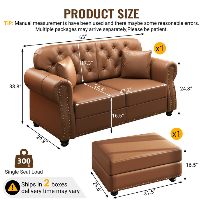 Upholstered Sofa With Nailhead Trim, Rolled Armrests With Ottoman Home Essentials