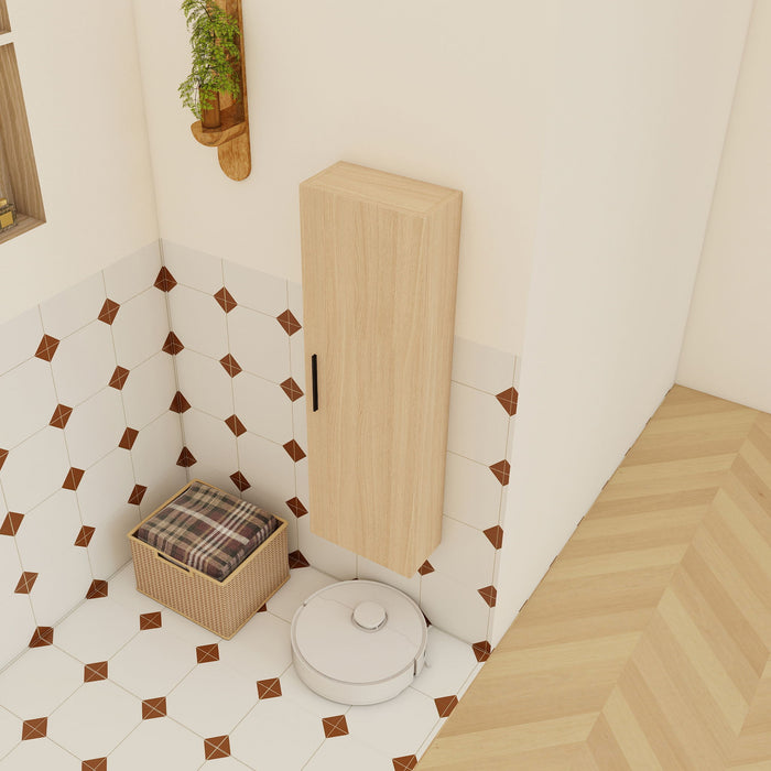 Tall Floating Bathroom Side Cabinet, Wall Mounted Single Door Storage - Light Oak Home Essentials