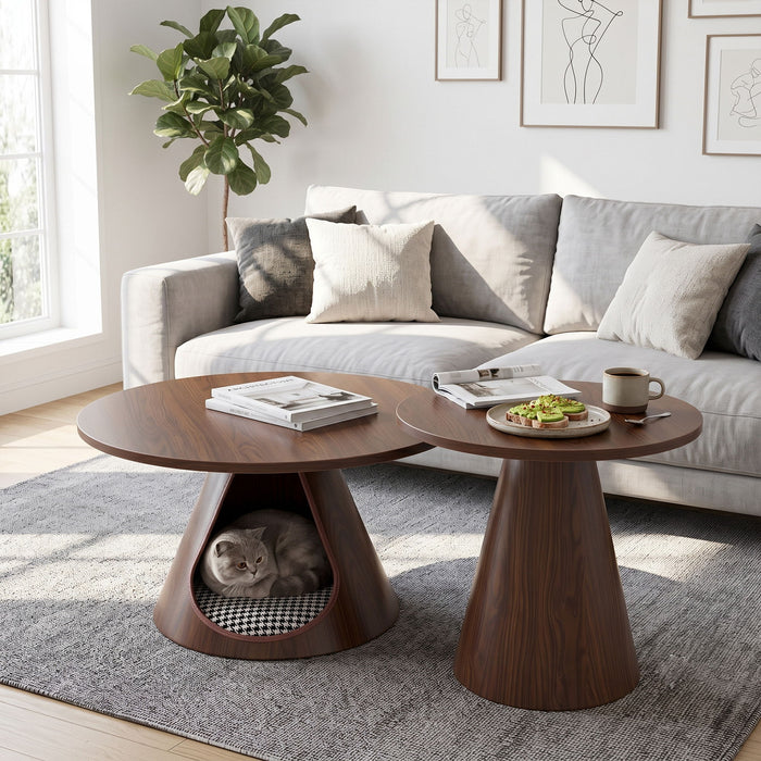 Nesting Coffee Table With Integrated Cat Cave Bed (Set of 2) - Walnut Home Essentials