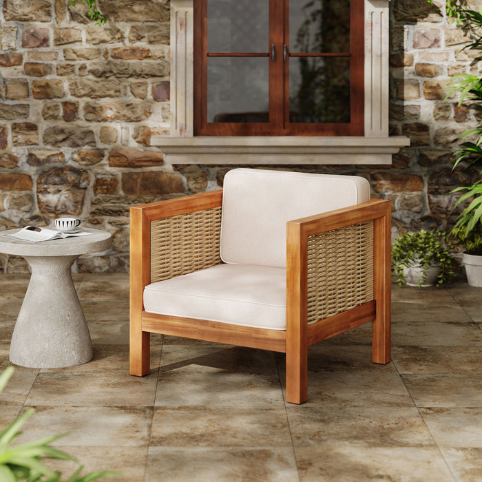 Outdoor Club Chair With Rope Arm And Cushions - Beige / Teak