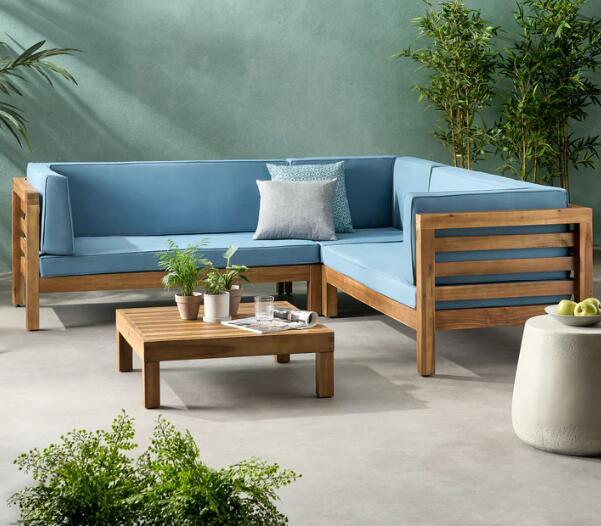 Oana Outdoor Wooden Sectional Set With Cushions, Blue