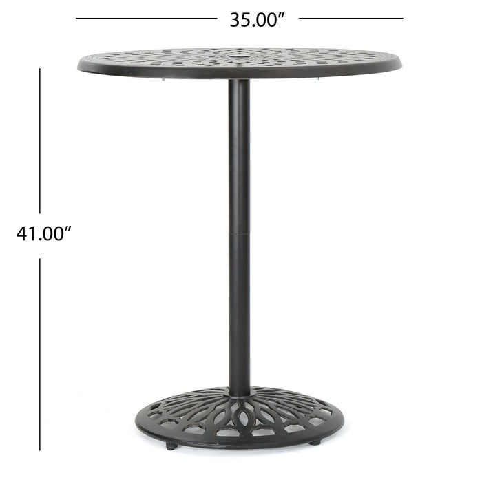 Elegant Cast Aluminum Round Bar Table With Romantic Filigree Design - Copper
