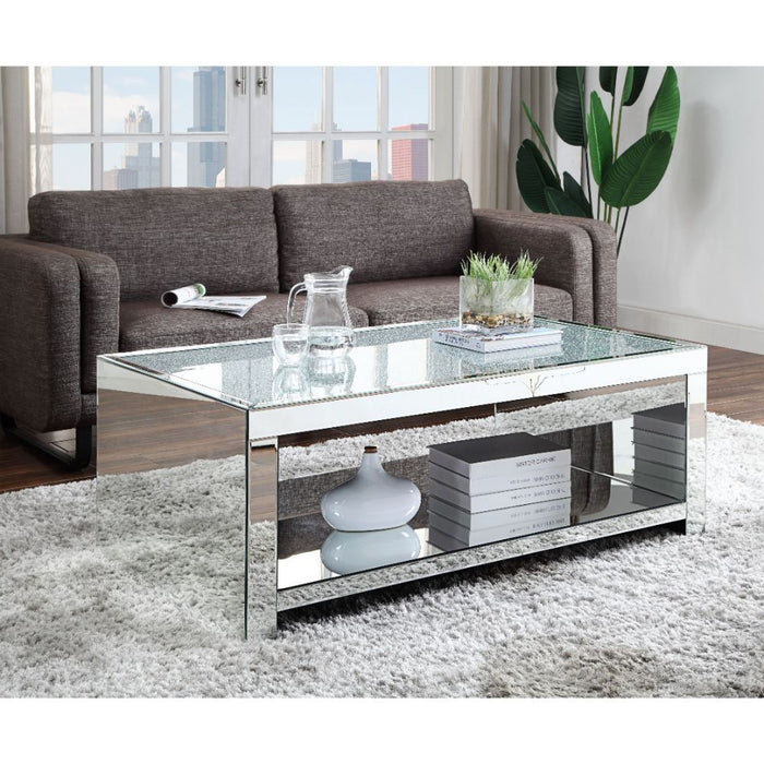 Noralie - Coffee Table - Clear Glass, Mirrored & Faux Diamonds ACME