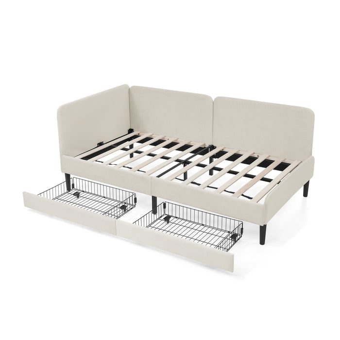 Upholstered Platform Bed Frame With 2 Storage Drawers And Adjustable Sofa Bed Home Essentials