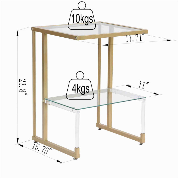 Side Table, 2 Tier Acrylic Glass End Table For Living Room - Gold